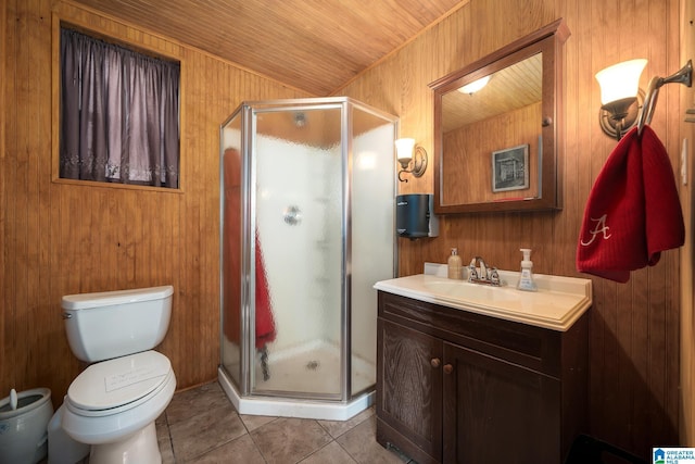 295 Ridge View Way, Springville, AL 35146 - full bathroom featuring vanity, tile patterned flooring, a stall shower, wood walls, and wood ceiling