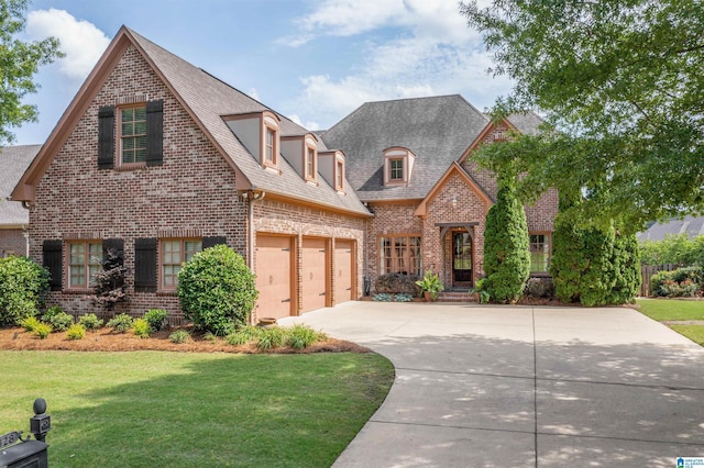 2328 Bellevue Ct, Hoover, AL 35226 - french country home featuring brick siding, concrete driveway, a front yard, and a garage