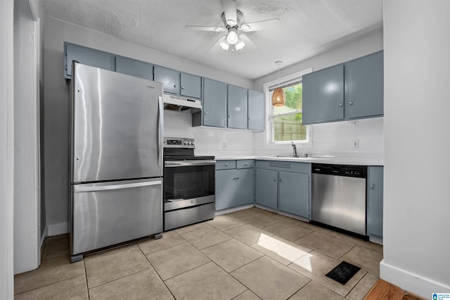 4763 7th Ct S, Birmingham, AL 35222 - kitchen with appliances with stainless steel finishes, under cabinet range hood, a sink, ceiling fan, and backsplash