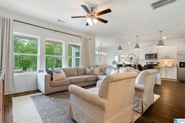 464 Crossbridge Rd, Chelsea, AL 35043 - living room featuring ceiling fan, dark wood-style flooring, a chandelier, and baseboards