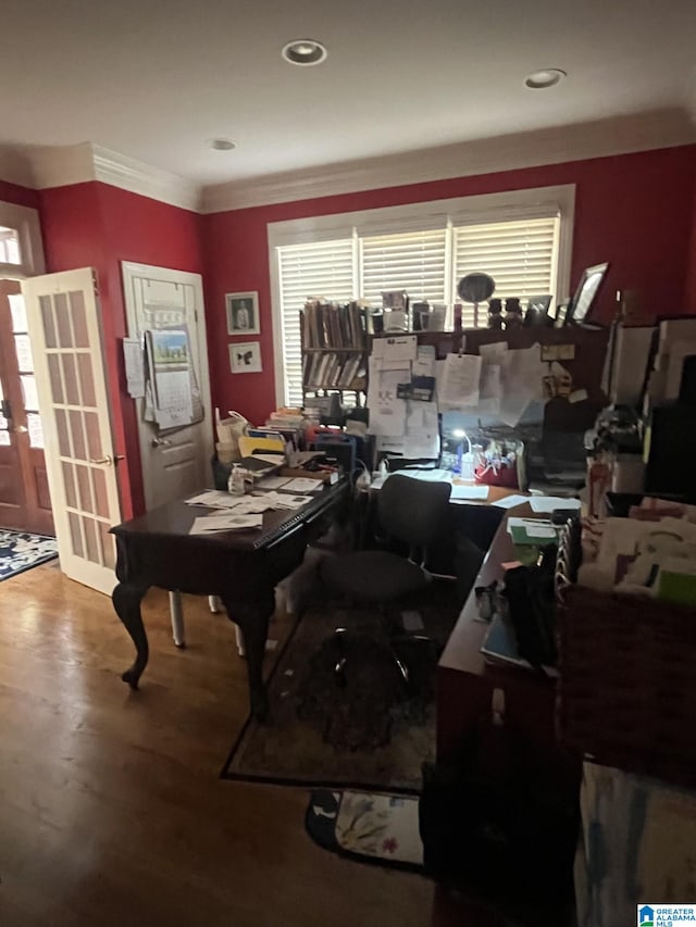 4977 Eagle Crest Dr, Birmingham, AL 35242 - office space featuring french doors, wood finished floors, healthy amount of natural light, ornamental molding, and recessed lighting