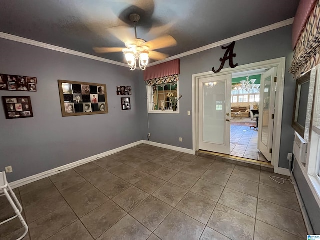 50 Ashton Ln, Sylacauga, AL 35150 - unfurnished dining area featuring dark tile patterned flooring, ornamental molding, a ceiling fan, and baseboards