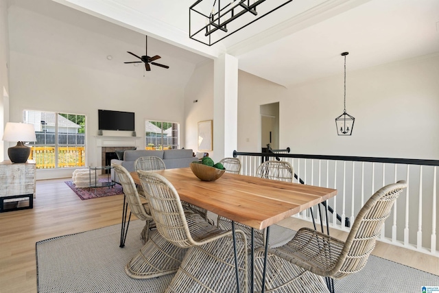 773 Old Cahaba Dr, Helena, AL 35080 - dining area featuring ceiling fan, light wood-style flooring, plenty of natural light, a fireplace, and high vaulted ceiling