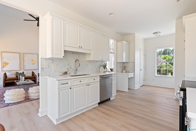 773 Old Cahaba Dr, Helena, AL 35080 - kitchen with dishwasher, a sink, light wood-style floors, light countertops, and white cabinets