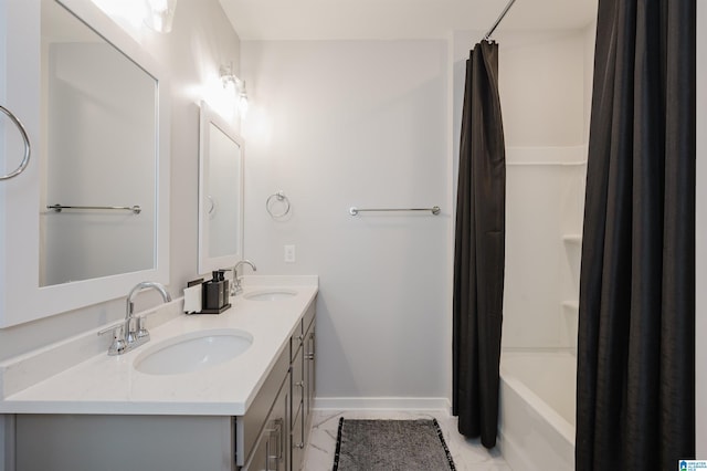 4651 Silas Ave, Hoover, AL 35244 - full bath with baseboards, double vanity, and shower / bath combination with curtain