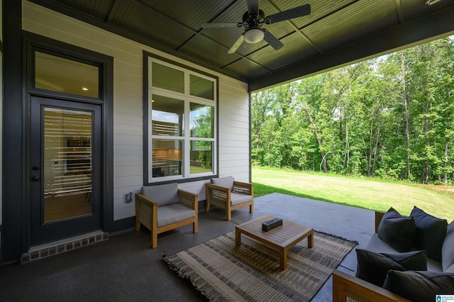4651 Silas Ave, Hoover, AL 35244 - view of patio featuring an outdoor hangout area, a ceiling fan, and a view of trees