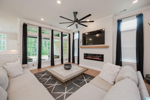 4651 Silas Ave, Hoover, AL 35244 - living room with a glass covered fireplace, recessed lighting, crown molding, a ceiling fan, and wood finished floors