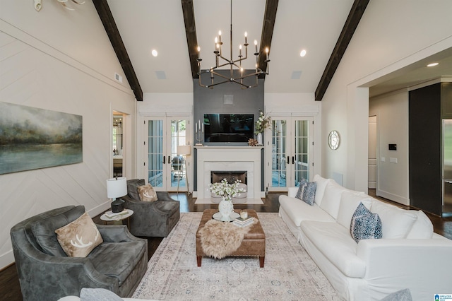 112 Perry Pl, Birmingham, AL 35242 - living area featuring french doors, beamed ceiling, a chandelier, wood finished floors, and high vaulted ceiling