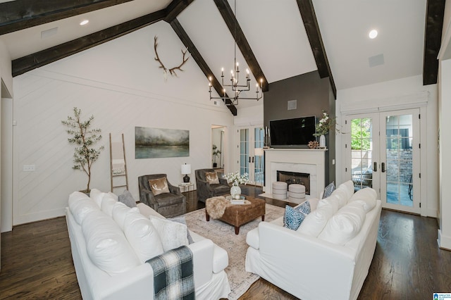 112 Perry Pl, Birmingham, AL 35242 - living area with french doors, beam ceiling, high vaulted ceiling, a chandelier, and dark wood-style flooring