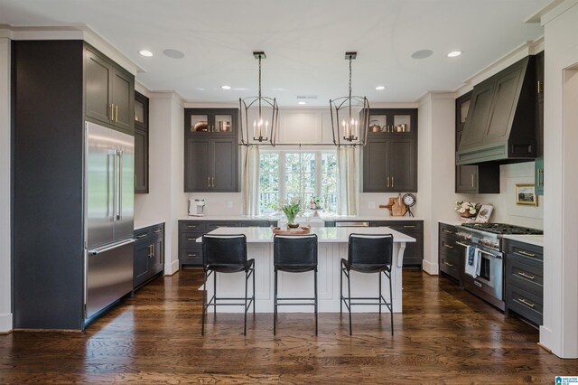 112 Perry Pl, Birmingham, AL 35242 - kitchen featuring premium appliances, custom range hood, glass insert cabinets, a chandelier, and recessed lighting