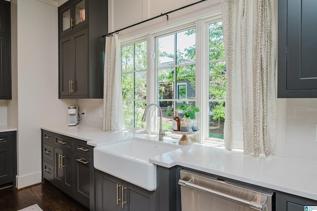 112 Perry Pl, Birmingham, AL 35242 - kitchen featuring stainless steel dishwasher, a sink, decorative backsplash, dark wood finished floors, and light countertops