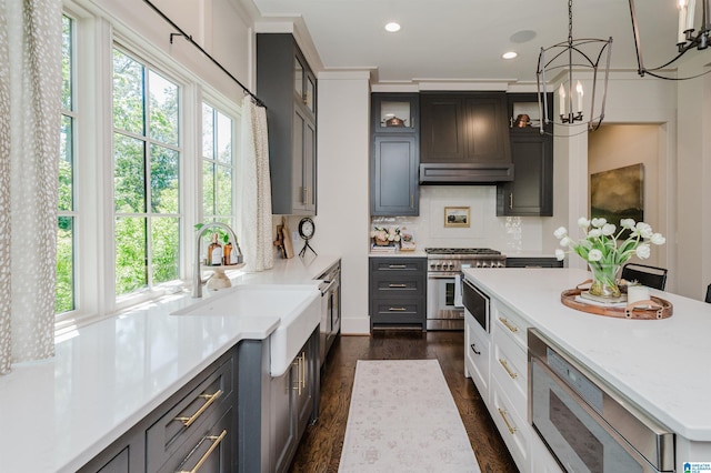 112 Perry Pl, Birmingham, AL 35242 - kitchen featuring appliances with stainless steel finishes, a sink, recessed lighting, glass insert cabinets, and dark wood-style flooring