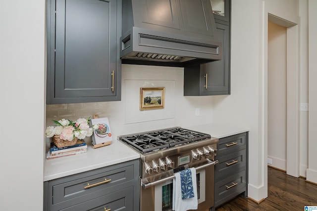 112 Perry Pl, Birmingham, AL 35242 - kitchen featuring high end stainless steel range oven, custom range hood, tasteful backsplash, and light countertops