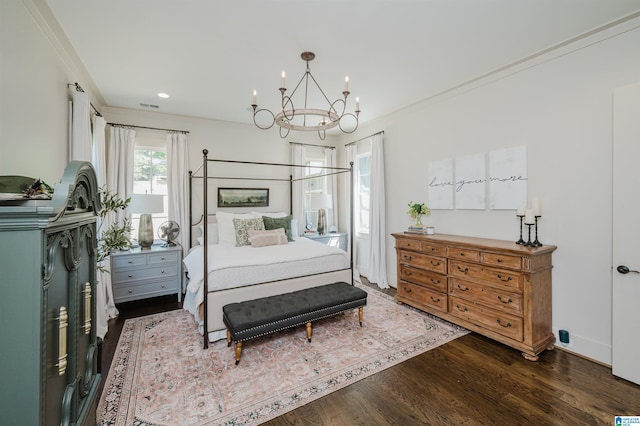 112 Perry Pl, Birmingham, AL 35242 - bedroom with crown molding, a chandelier, dark wood-type flooring, and recessed lighting