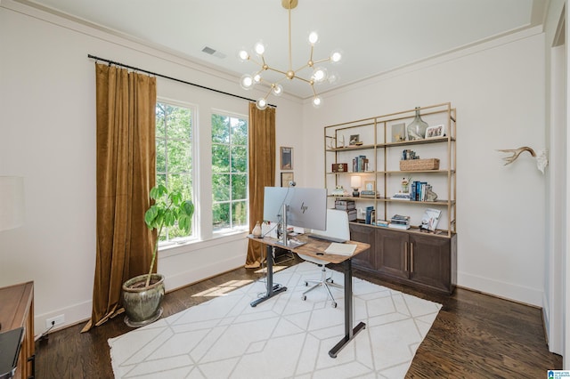 112 Perry Pl, Birmingham, AL 35242 - office area featuring ornamental molding, wood finished floors, a chandelier, and baseboards