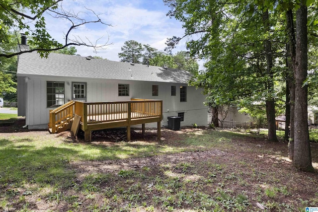 1718 Teakwood Ln, Birmingham, AL 35235 - rear view of house with a wooden deck, central AC, and roof with shingles