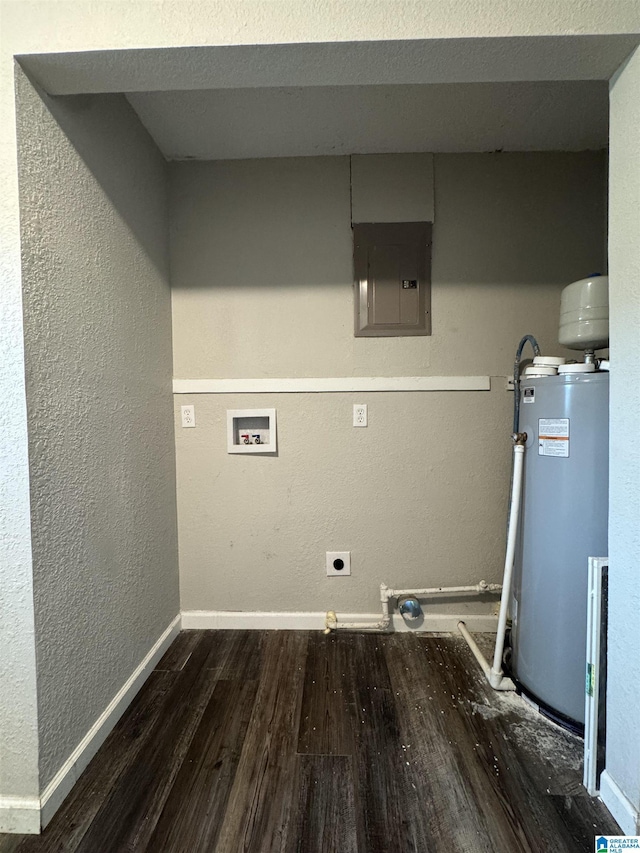 804 Elm Ave, Gadsden, AL 35903 - laundry room featuring water heater, hookup for an electric dryer, electric panel, wood finished floors, and washer hookup