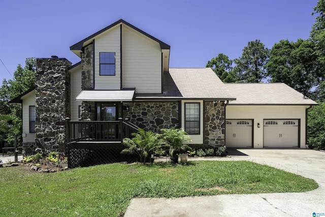 4100 S Shades Crest Rd, Hoover, AL 35244 - view of front of house featuring stone siding, a garage, a front lawn, concrete driveway, and a chimney