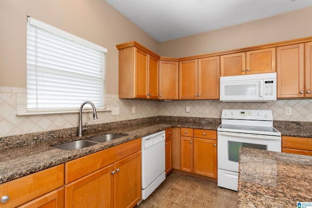 2212 Adkins Cir, Moody, AL 35004 - kitchen featuring white appliances, a sink, dark stone countertops, and backsplash