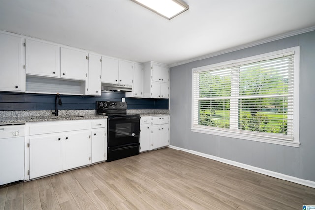 140 Camelia Ave, Gardendale, AL 35071 - kitchen with black electric range, a sink, under cabinet range hood, dishwasher, and white cabinets