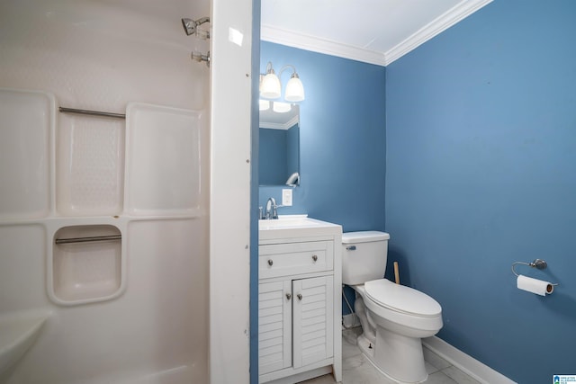140 Camelia Ave, Gardendale, AL 35071 - bathroom featuring ornamental molding, toilet, a shower, vanity, and baseboards