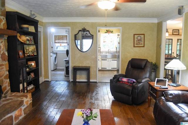 3908 Cloverdale Rd, Anniston, AL 36207 - living area with dark wood-style flooring, washer / dryer, a ceiling fan, baseboards, and ornamental molding