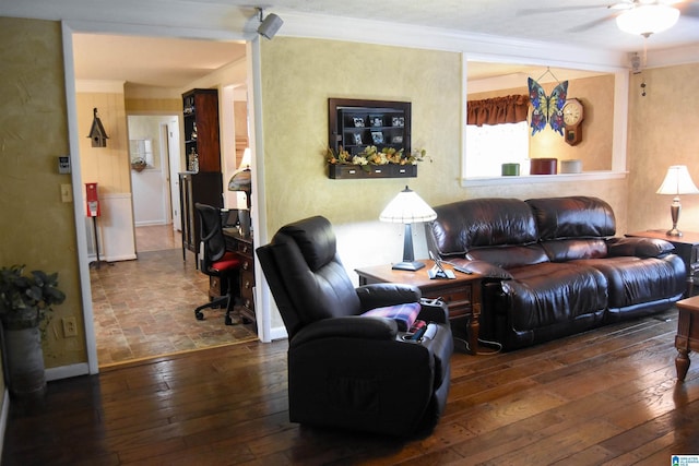 3908 Cloverdale Rd, Anniston, AL 36207 - living area featuring ceiling fan, hardwood / wood-style floors, crown molding, and baseboards