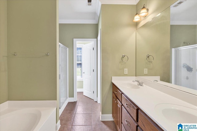 555 Ridgefield Way, Odenville, AL 35120 - full bath featuring ornamental molding, a stall shower, a bath, double vanity, and tile patterned flooring