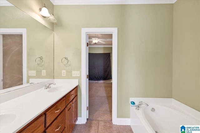 555 Ridgefield Way, Odenville, AL 35120 - full bathroom featuring double vanity, a bath, tile patterned floors, baseboards, and a ceiling fan