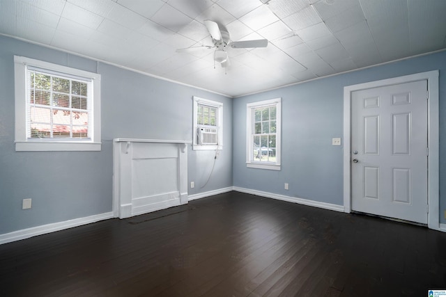 1228 19th Pl SW, Birmingham, AL 35211 - unfurnished living room with baseboards, ceiling fan, dark wood finished floors, and cooling unit