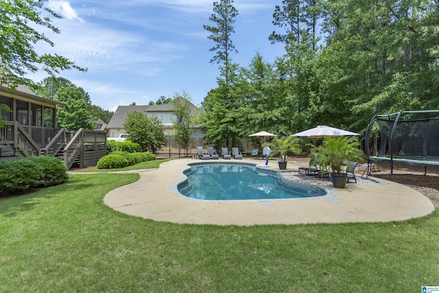 1020 Dunsmore Dr, Chelsea, AL 35043 - view of swimming pool with a trampoline, a patio area, a wooden deck, a sunroom, and stairway