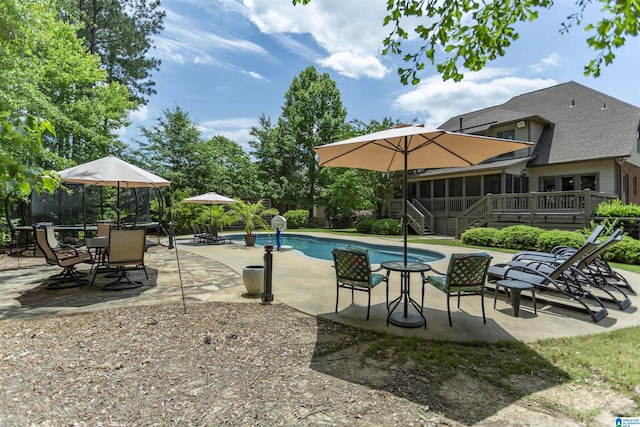 1020 Dunsmore Dr, Chelsea, AL 35043 - swimming pool with a sunroom, a patio, stairway, and a wooden deck