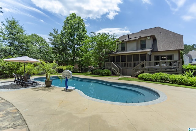 1020 Dunsmore Dr, Chelsea, AL 35043 - swimming pool with a sunroom, stairs, a patio, and a wooden deck