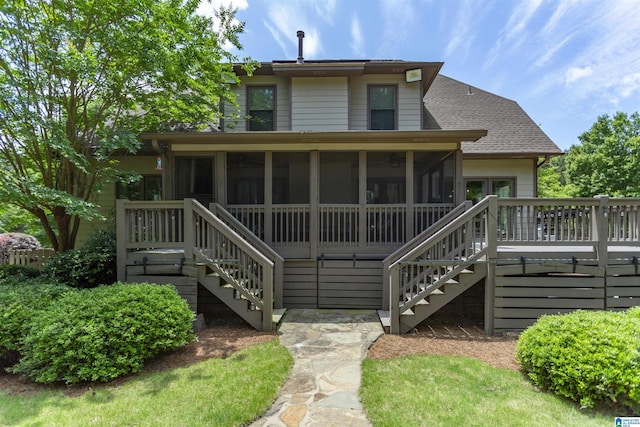 1020 Dunsmore Dr, Chelsea, AL 35043 - back of property featuring stairway, a sunroom, roof with shingles, and a wooden deck