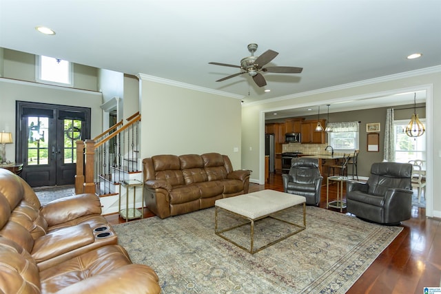 1020 Dunsmore Dr, Chelsea, AL 35043 - living area featuring stairs, ceiling fan, dark wood finished floors, recessed lighting, and ornamental molding
