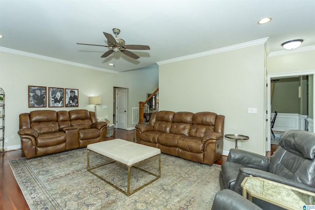 1020 Dunsmore Dr, Chelsea, AL 35043 - living area featuring crown molding, ceiling fan, wood finished floors, stairway, and recessed lighting