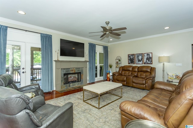1020 Dunsmore Dr, Chelsea, AL 35043 - living room featuring ornamental molding, ceiling fan, wood finished floors, a fireplace, and recessed lighting