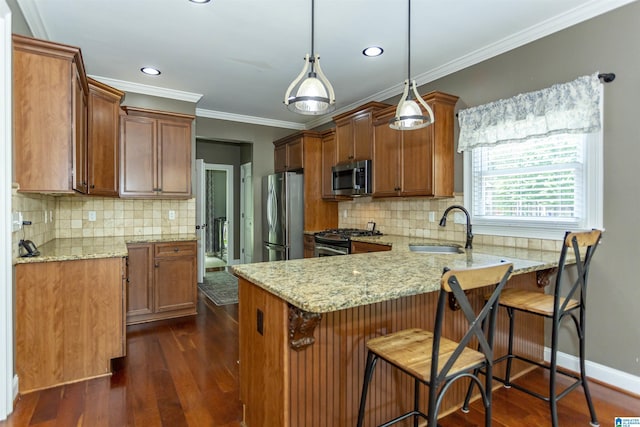 1020 Dunsmore Dr, Chelsea, AL 35043 - kitchen with stainless steel appliances, a sink, a peninsula, light stone countertops, and dark wood-style flooring