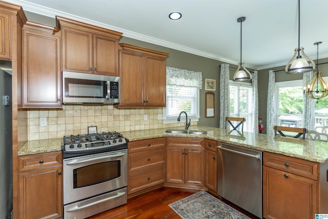 1020 Dunsmore Dr, Chelsea, AL 35043 - kitchen featuring appliances with stainless steel finishes, a sink, a peninsula, dark wood finished floors, and plenty of natural light