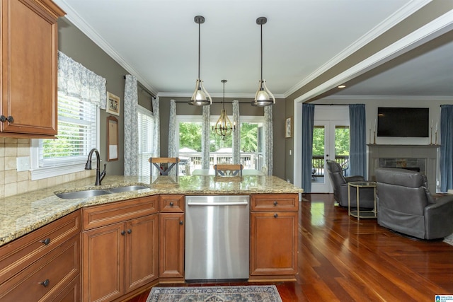 1020 Dunsmore Dr, Chelsea, AL 35043 - kitchen featuring dishwasher, a sink, brown cabinetry, a peninsula, and crown molding