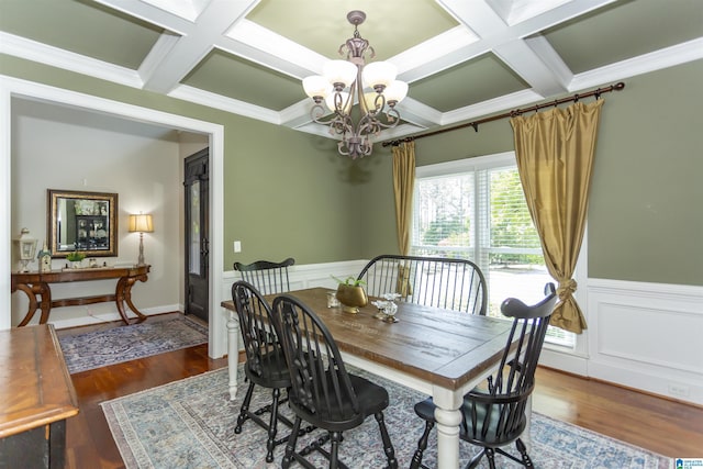 1020 Dunsmore Dr, Chelsea, AL 35043 - dining space featuring coffered ceiling, a chandelier, wood finished floors, a wainscoted wall, and beamed ceiling
