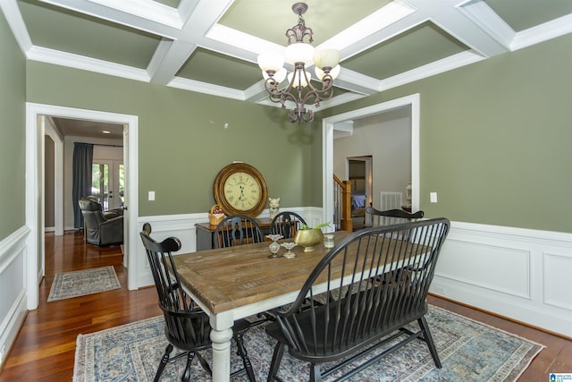 1020 Dunsmore Dr, Chelsea, AL 35043 - dining space featuring coffered ceiling, a chandelier, beam ceiling, wood finished floors, and a wainscoted wall