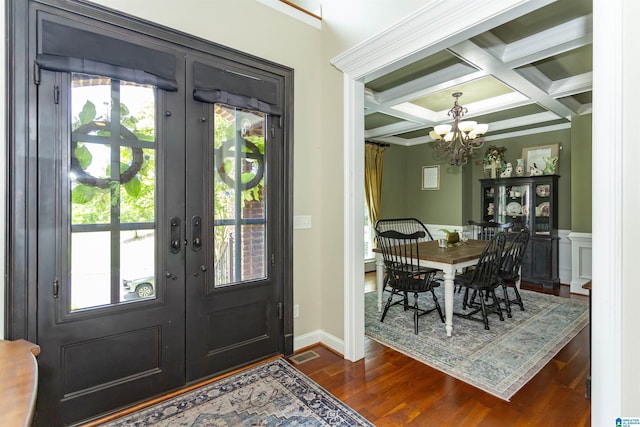 1020 Dunsmore Dr, Chelsea, AL 35043 - entryway with a chandelier, french doors, dark wood-style flooring, coffered ceiling, and beam ceiling