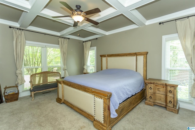 1020 Dunsmore Dr, Chelsea, AL 35043 - bedroom with coffered ceiling, light colored carpet, beam ceiling, a ceiling fan, and crown molding
