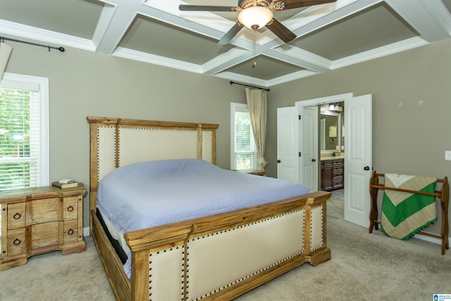 1020 Dunsmore Dr, Chelsea, AL 35043 - bedroom with coffered ceiling, carpet floors, beamed ceiling, ensuite bath, and a ceiling fan