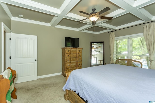 1020 Dunsmore Dr, Chelsea, AL 35043 - bedroom with coffered ceiling, light colored carpet, beam ceiling, ornamental molding, and ceiling fan