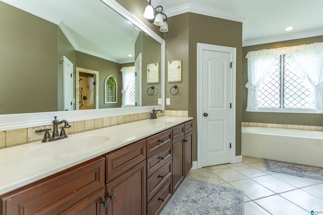 1020 Dunsmore Dr, Chelsea, AL 35043 - bathroom featuring double vanity, crown molding, a garden tub, and tile patterned floors