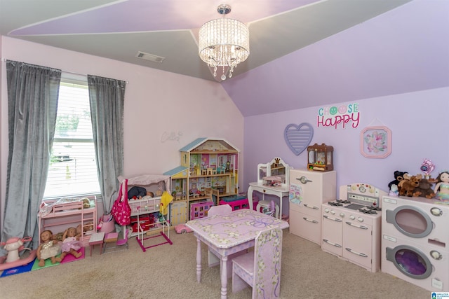 1020 Dunsmore Dr, Chelsea, AL 35043 - rec room with carpet flooring, a chandelier, and lofted ceiling