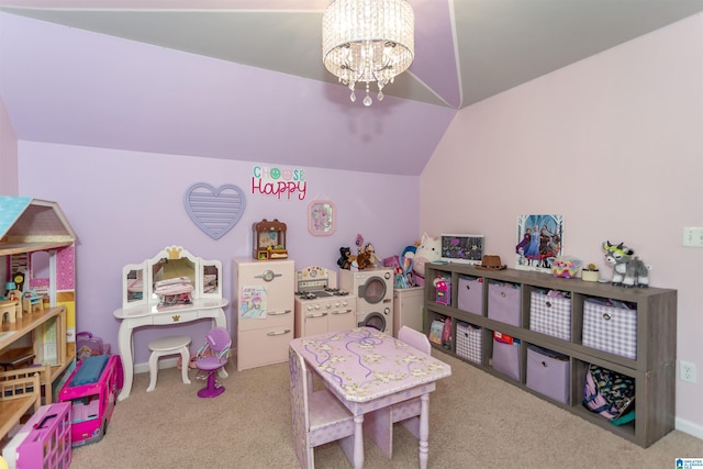 1020 Dunsmore Dr, Chelsea, AL 35043 - playroom with carpet, a chandelier, and vaulted ceiling