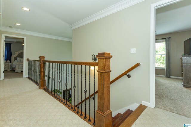 1020 Dunsmore Dr, Chelsea, AL 35043 - staircase featuring carpet, crown molding, baseboards, and recessed lighting